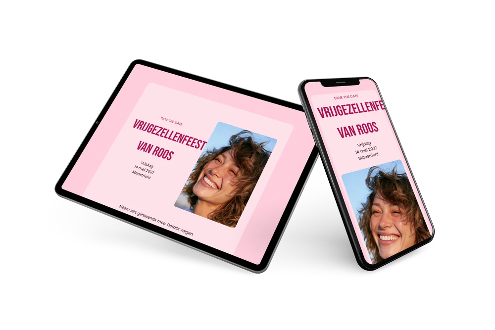 Felroze save the date voor een vrijgezellenfeest &ndash; voorbeeld 2