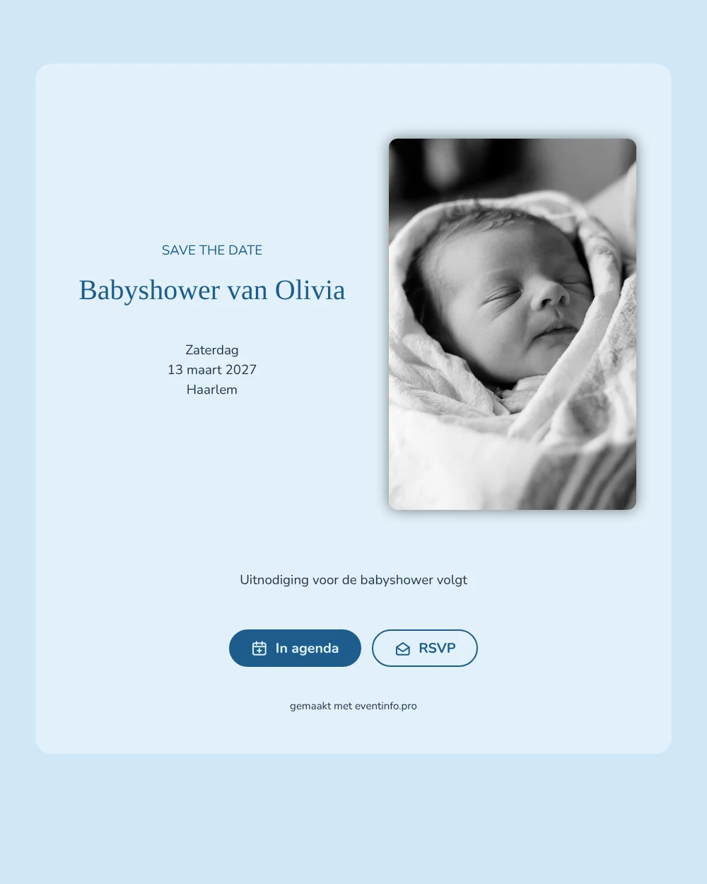 Save the date babyshower met newbornfoto &ndash; voorbeeld 1