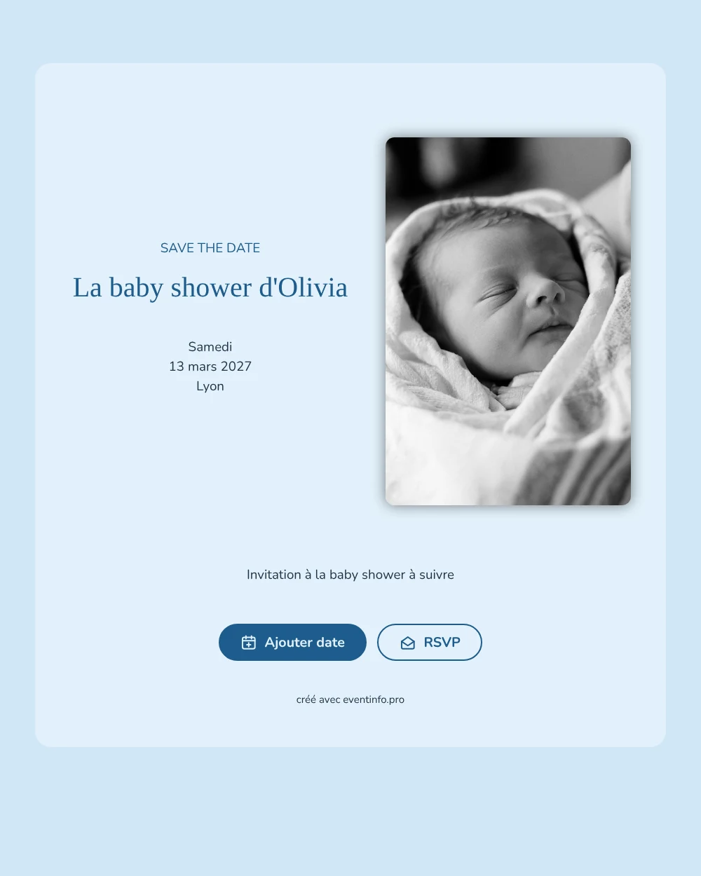 Save the date baby shower avec photo de bébé