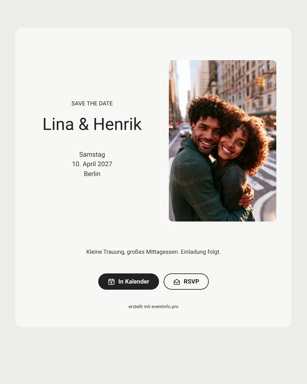 Minimalistisches Save the Date Standesamt mit Stadtfoto