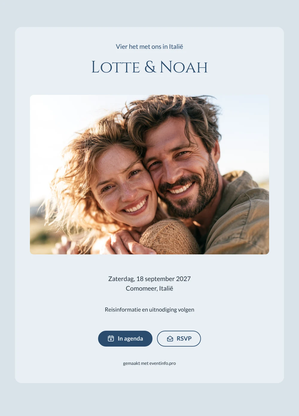 Meerblauwe save the date voor een bruiloft in Italië &ndash; voorbeeld 1