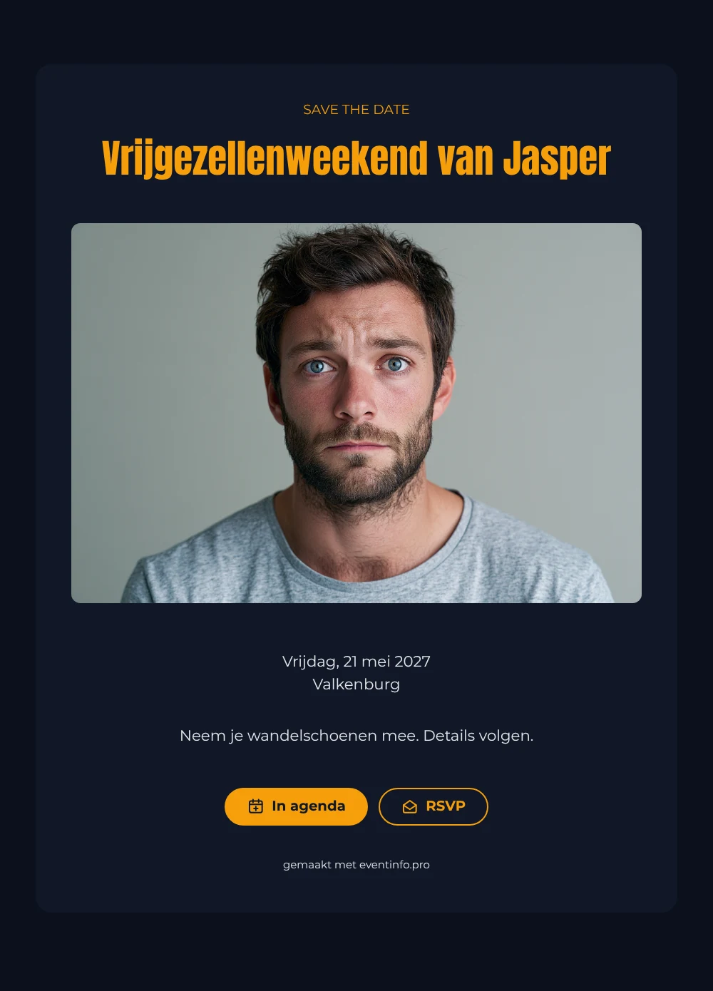Antraciet en amber save the date vrijgezellenweekend &ndash; voorbeeld 1