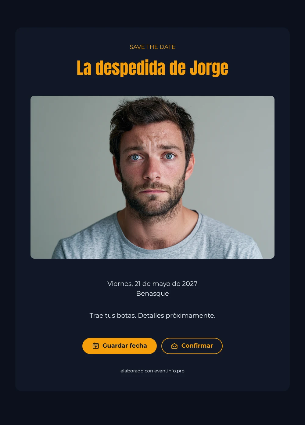 Save the date de despedida de soltero en gris y ámbar &ndash; ejemplo 1