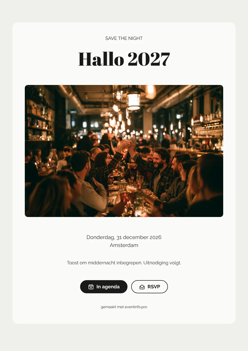 Zwart-witte save the date voor oud en nieuw in een bar &ndash; voorbeeld 1