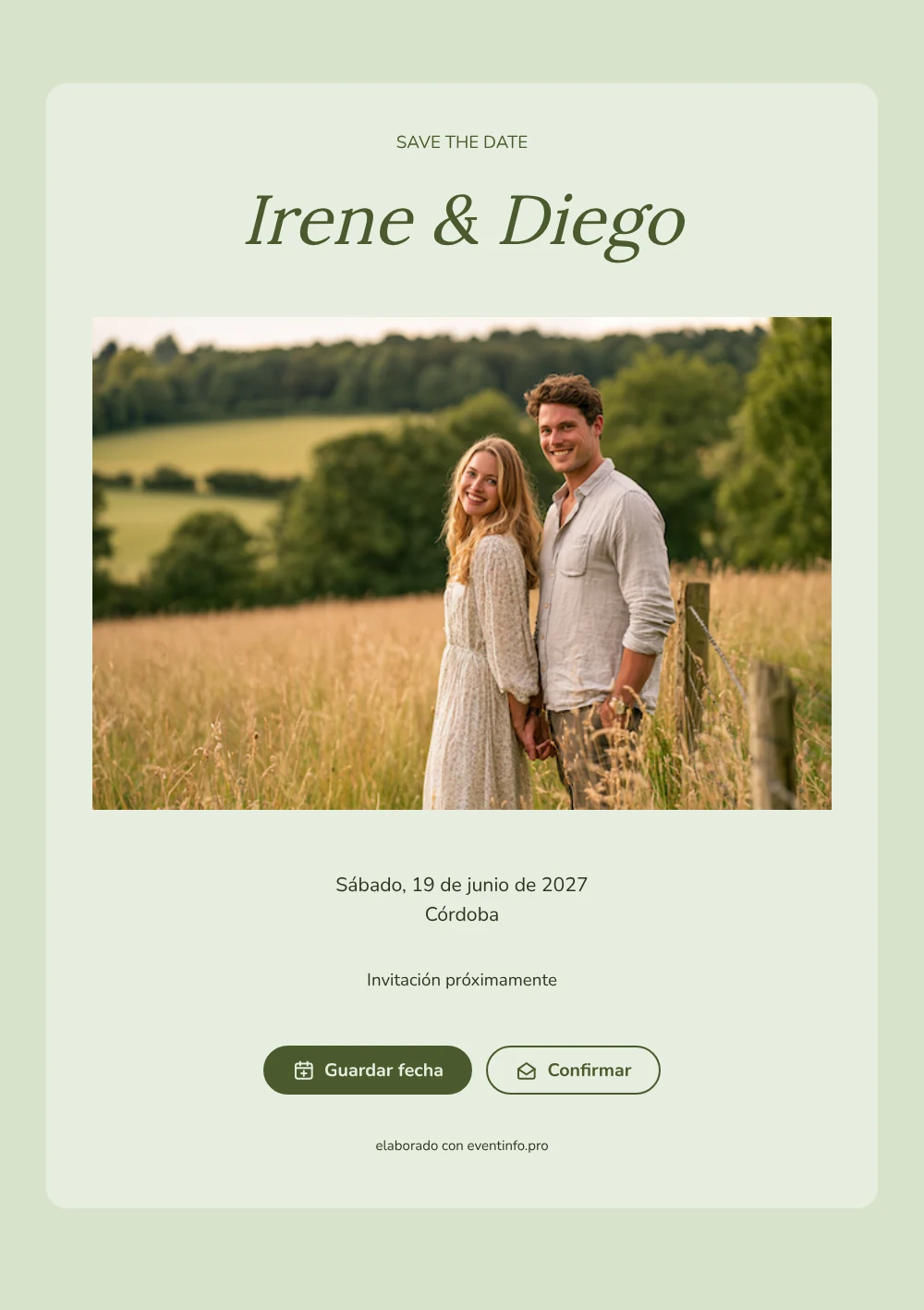 Save the date de boda en el campo en verde oliva &ndash; ejemplo 1