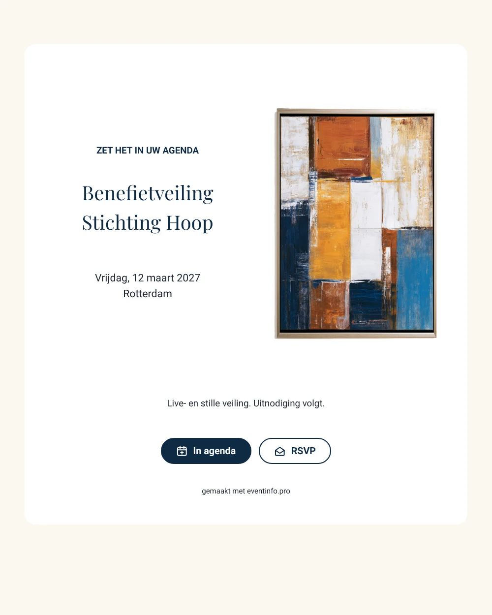Marineblauwe save the date voor een benefietveiling &ndash; voorbeeld 1
