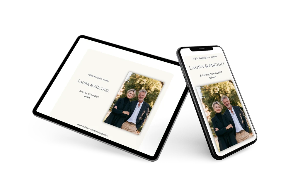 Zilveren save the date voor 25 jaar met foto van het stel &ndash; voorbeeld 2