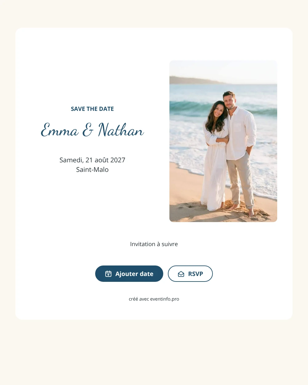 Save the date mariage à la plage bleu marin