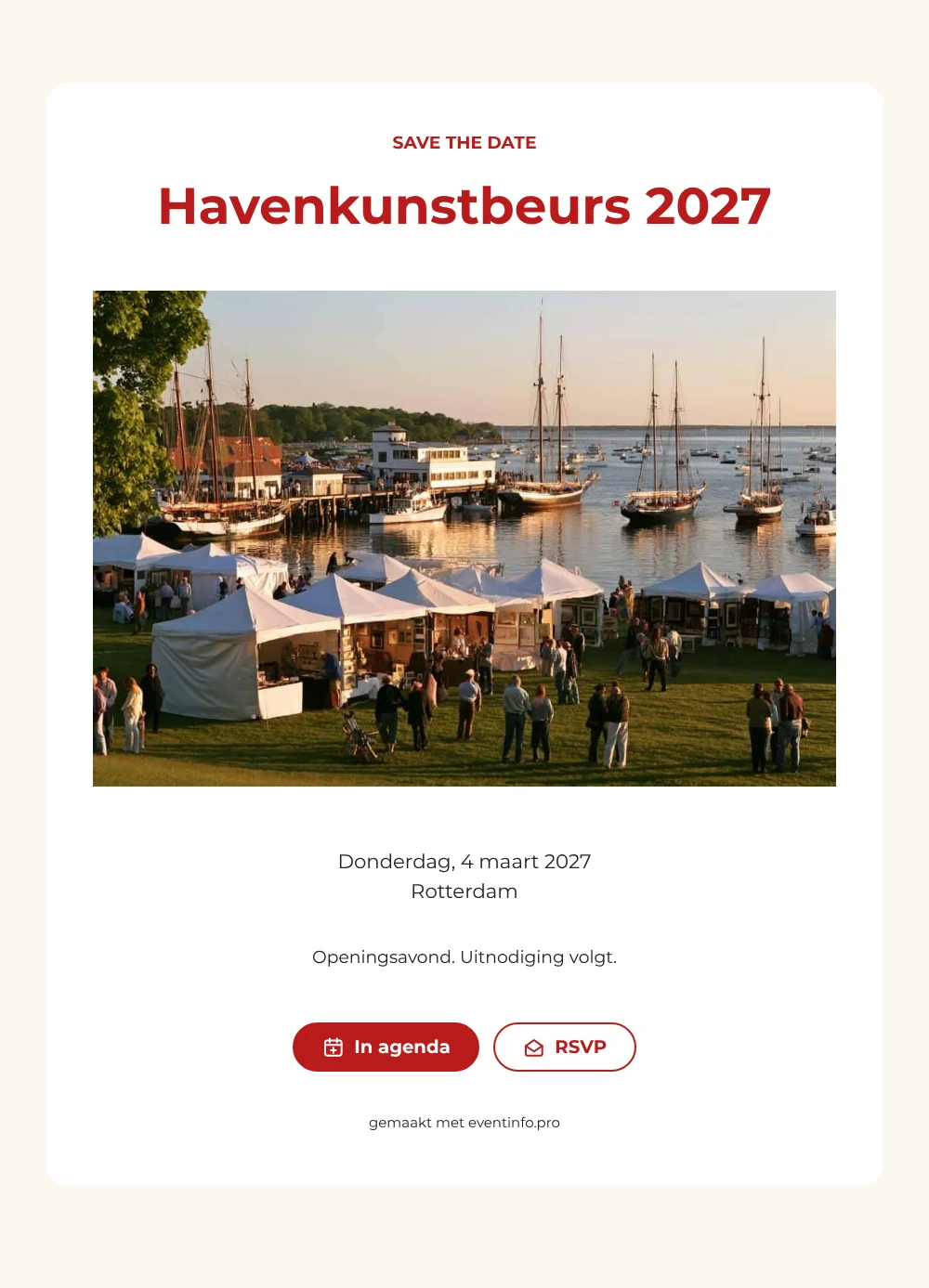 Signaalrode save the date voor een kunstbeurs &ndash; voorbeeld 1