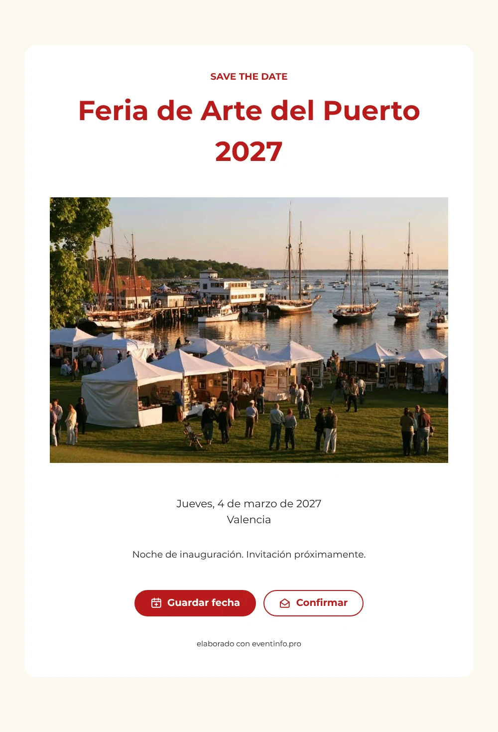 Save the date de feria de arte en rojo intenso &ndash; ejemplo 1