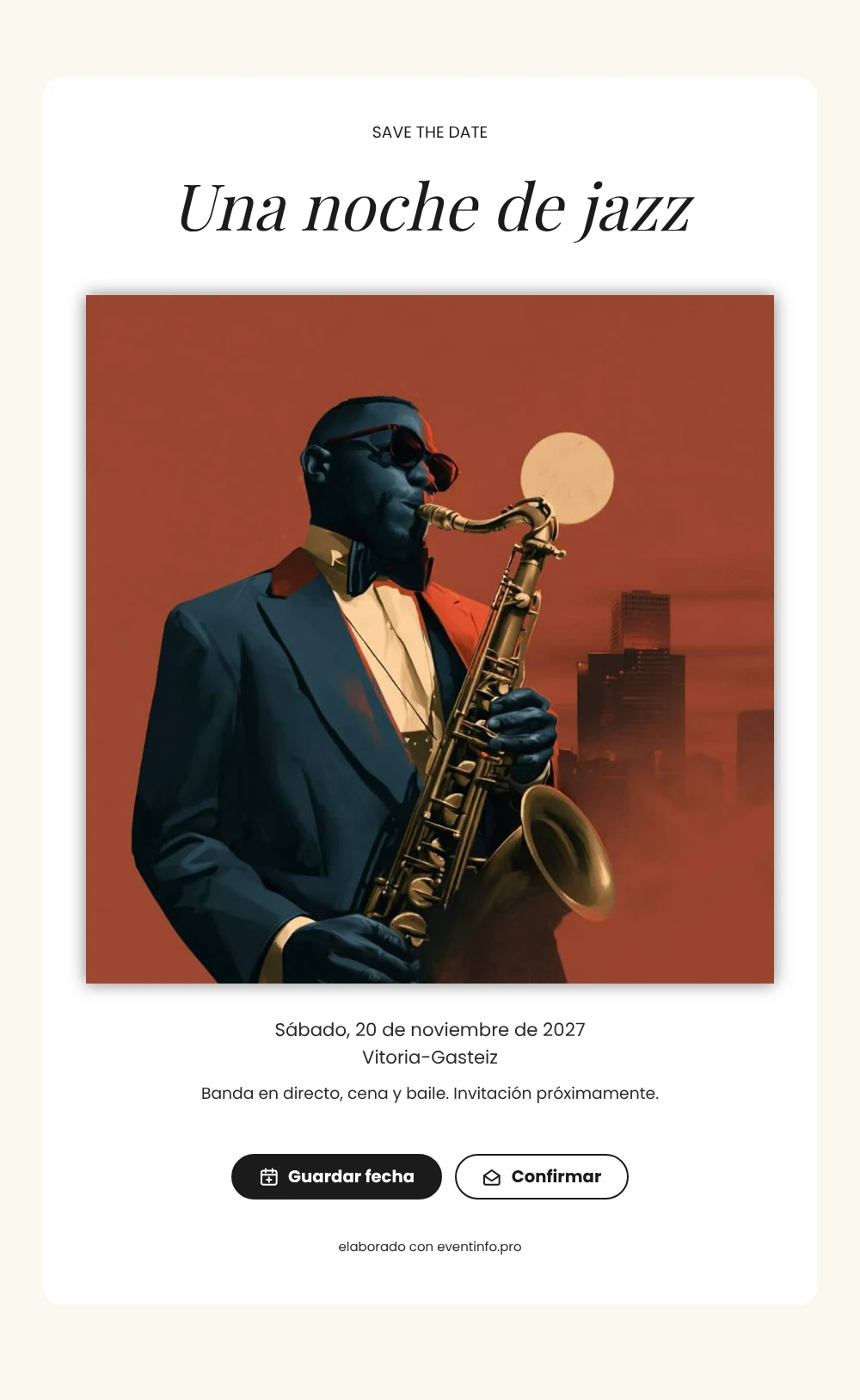 Save the date de noche de jazz en rojo teja &ndash; ejemplo 1