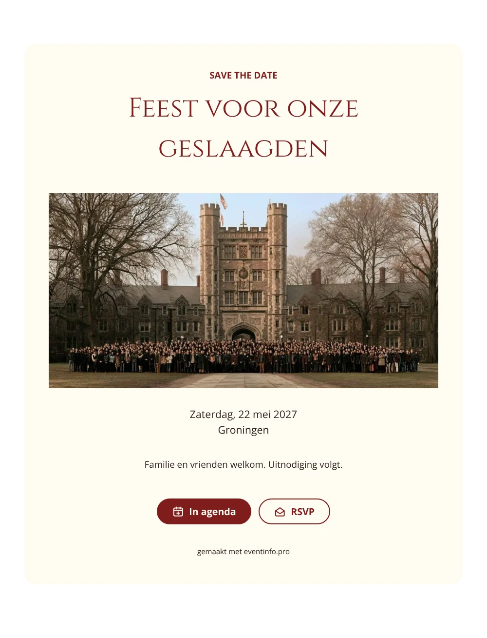Karmozijnrode save the date voor een diploma-uitreiking &ndash; voorbeeld 1