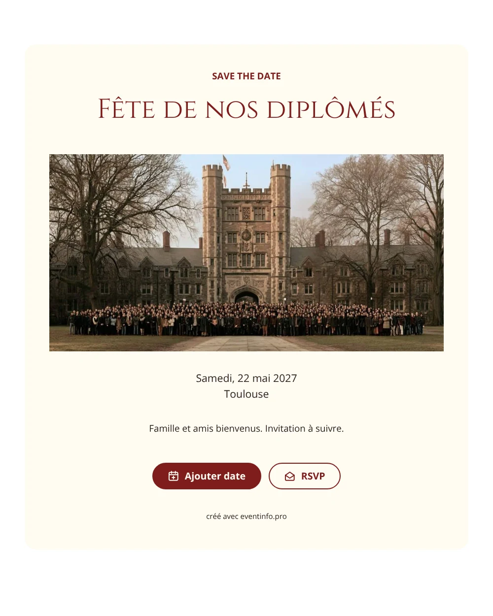 Save the date remise de diplômes rouge cramoisi