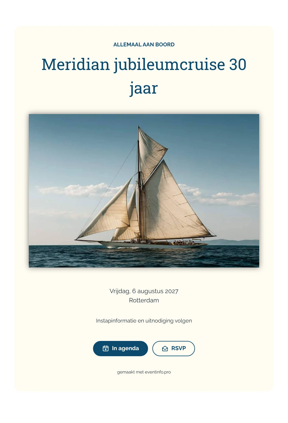 Oceaanblauwe save the date met zeiljacht &ndash; voorbeeld 1
