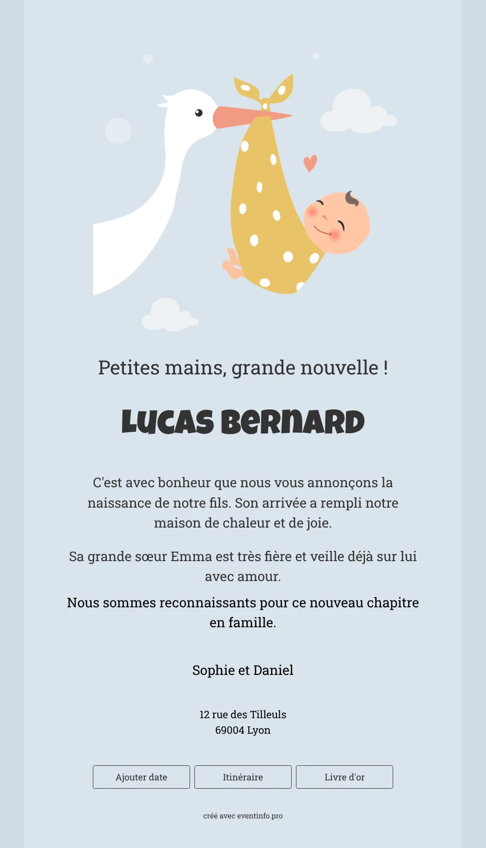Faire-part de naissance classique avec une cigogne &ndash; exemple 1