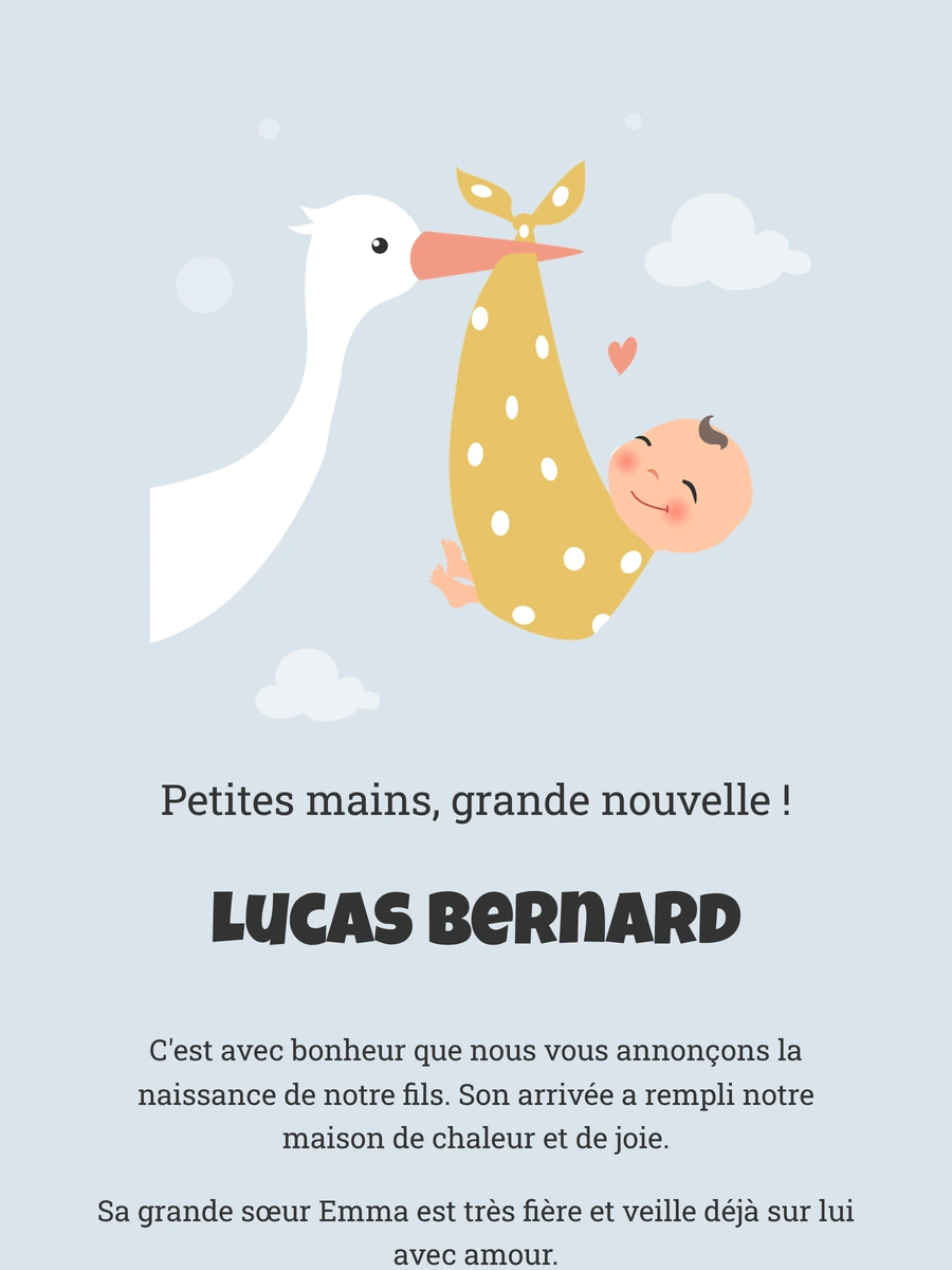 Faire-part de naissance classique avec une cigogne
