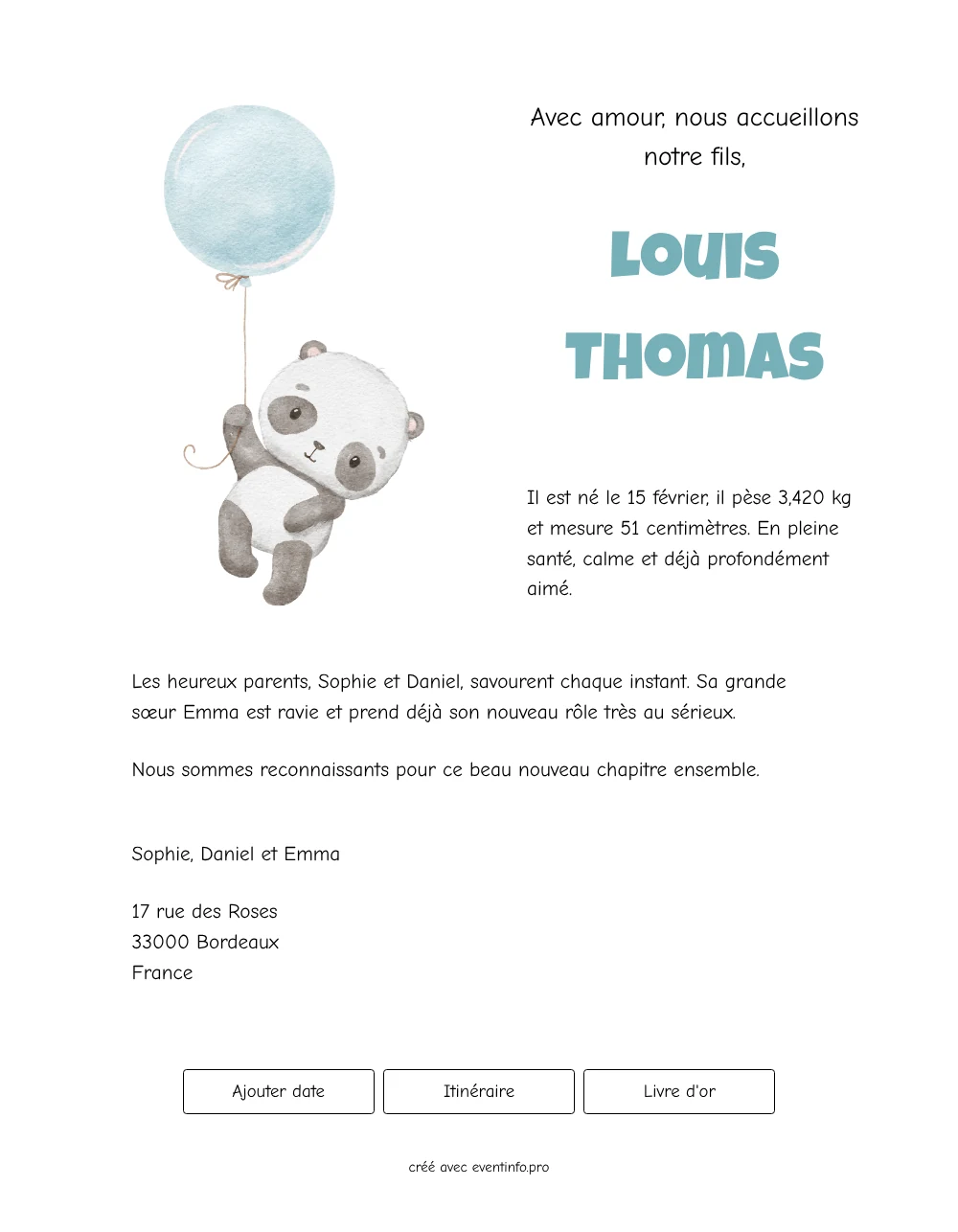 Faire-part de naissance joyeux avec un panda &ndash; exemple 1