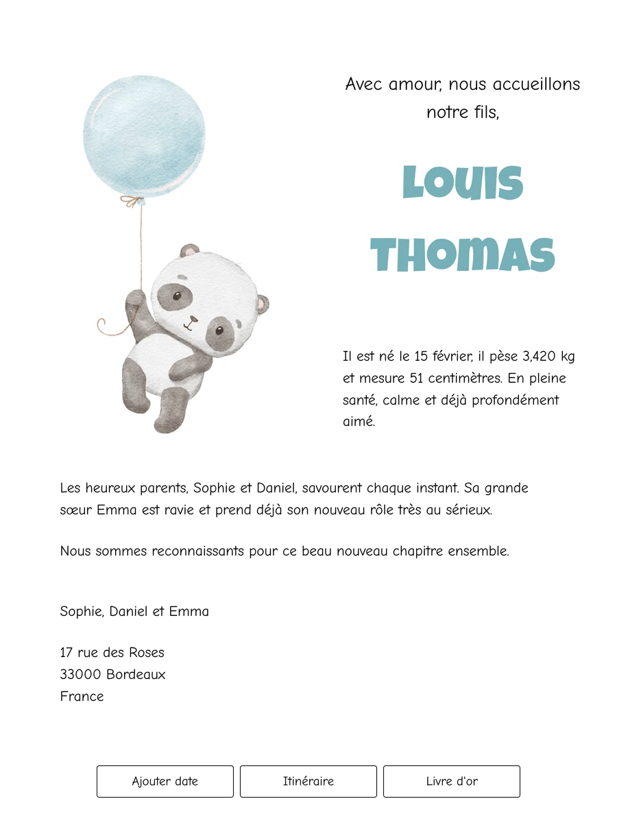 Faire-part de naissance joyeux avec un panda