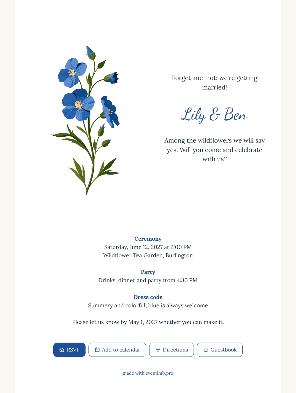 Create a white forget-me-not wedding invitation &ndash; example 1