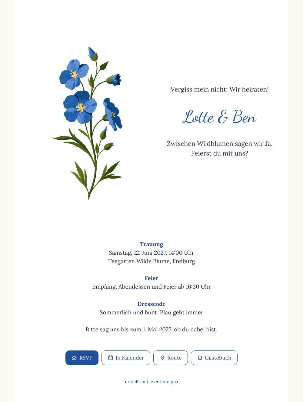 Hochzeitseinladung mit blauen Blüten auf Weiß gestalten &ndash; Beispiel 1