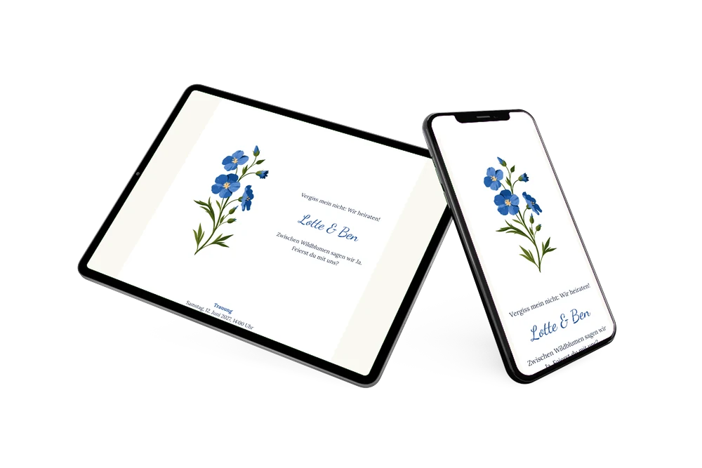 Hochzeitseinladung mit blauen Blüten auf Weiß gestalten &ndash; Beispiel 2