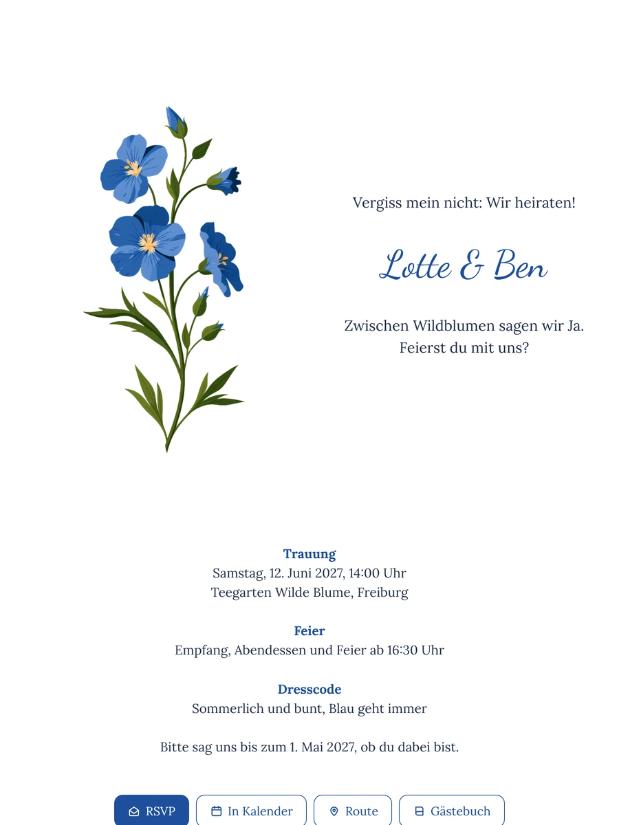Hochzeitseinladung mit blauen Blüten auf Weiß gestalten