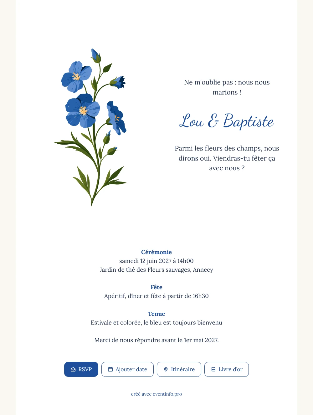Créer un faire-part de mariage aux myosotis &ndash; exemple 1