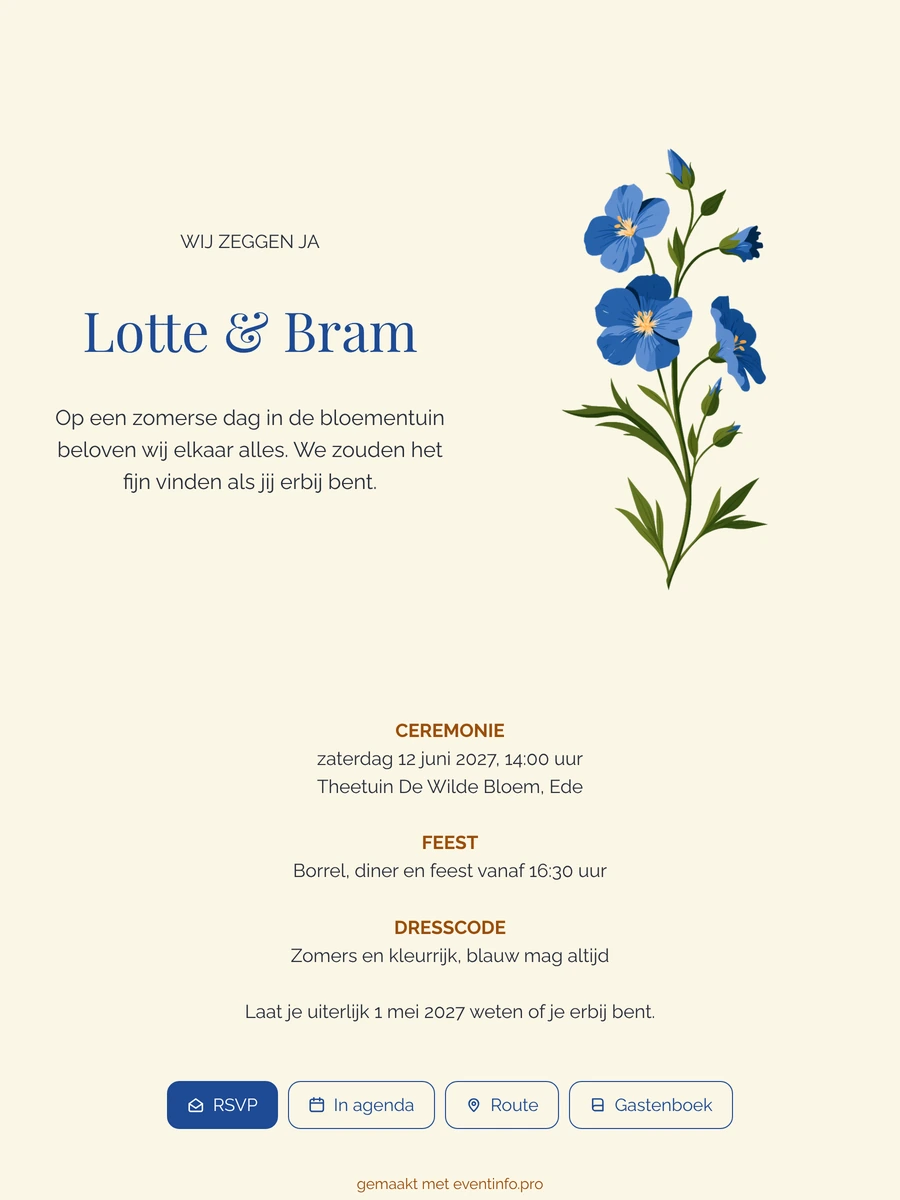 Botergele trouwkaart met blauwe veldbloemen