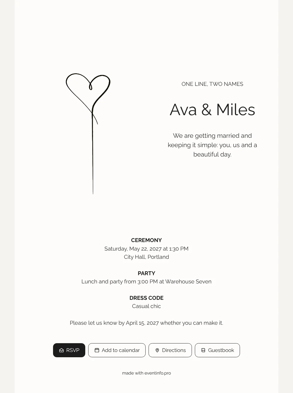 Create a minimalist one-line heart wedding invitation &ndash; example 1