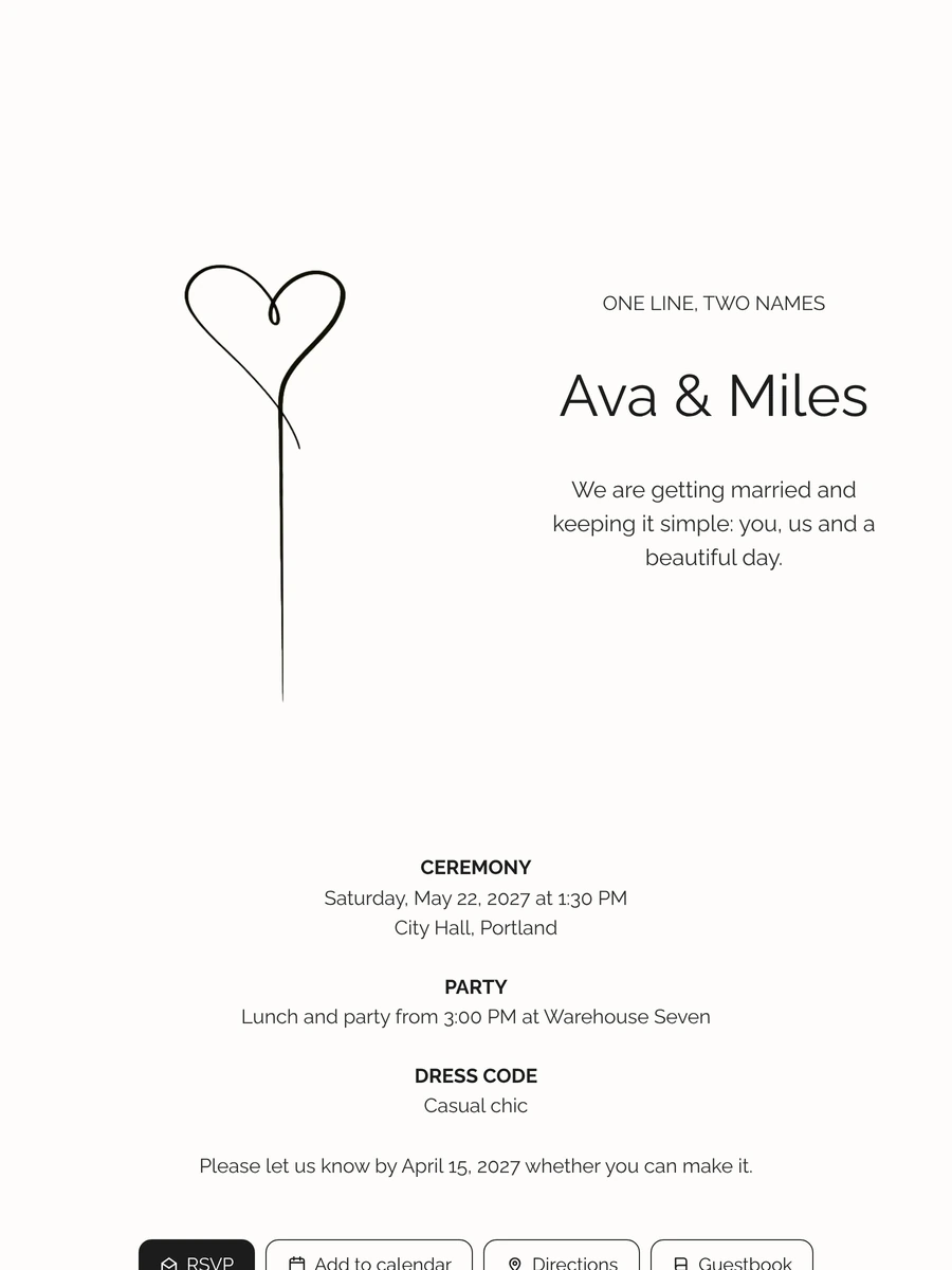 Create a minimalist one-line heart wedding invitation