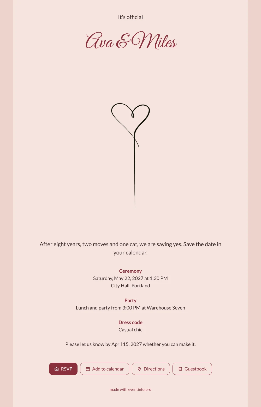 Send a blush pink heart wedding invitation &ndash; example 1