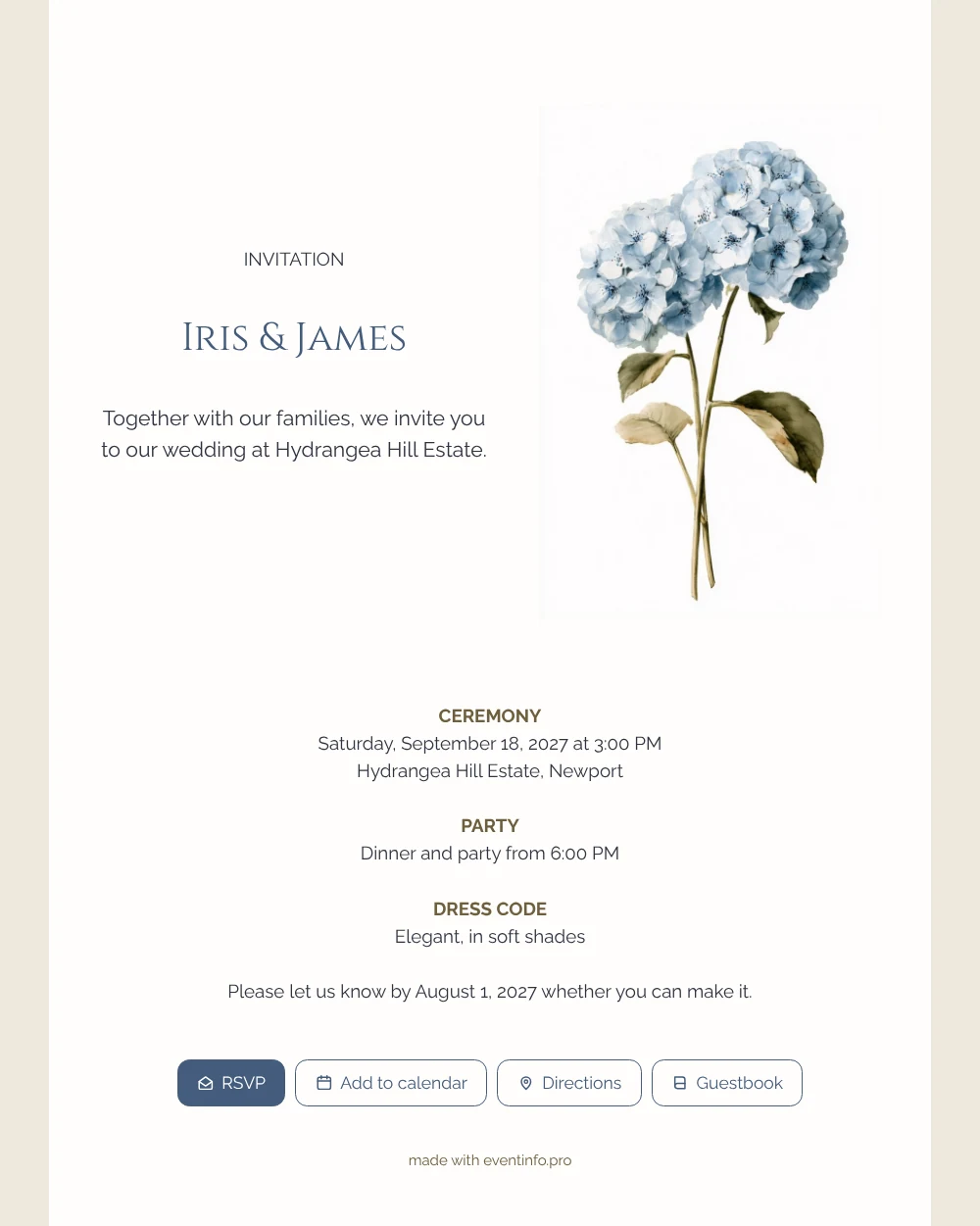 Create a classic blue hydrangea wedding invitation &ndash; example 1