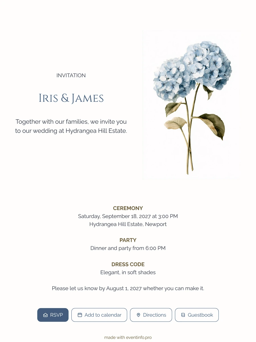 Create a classic blue hydrangea wedding invitation