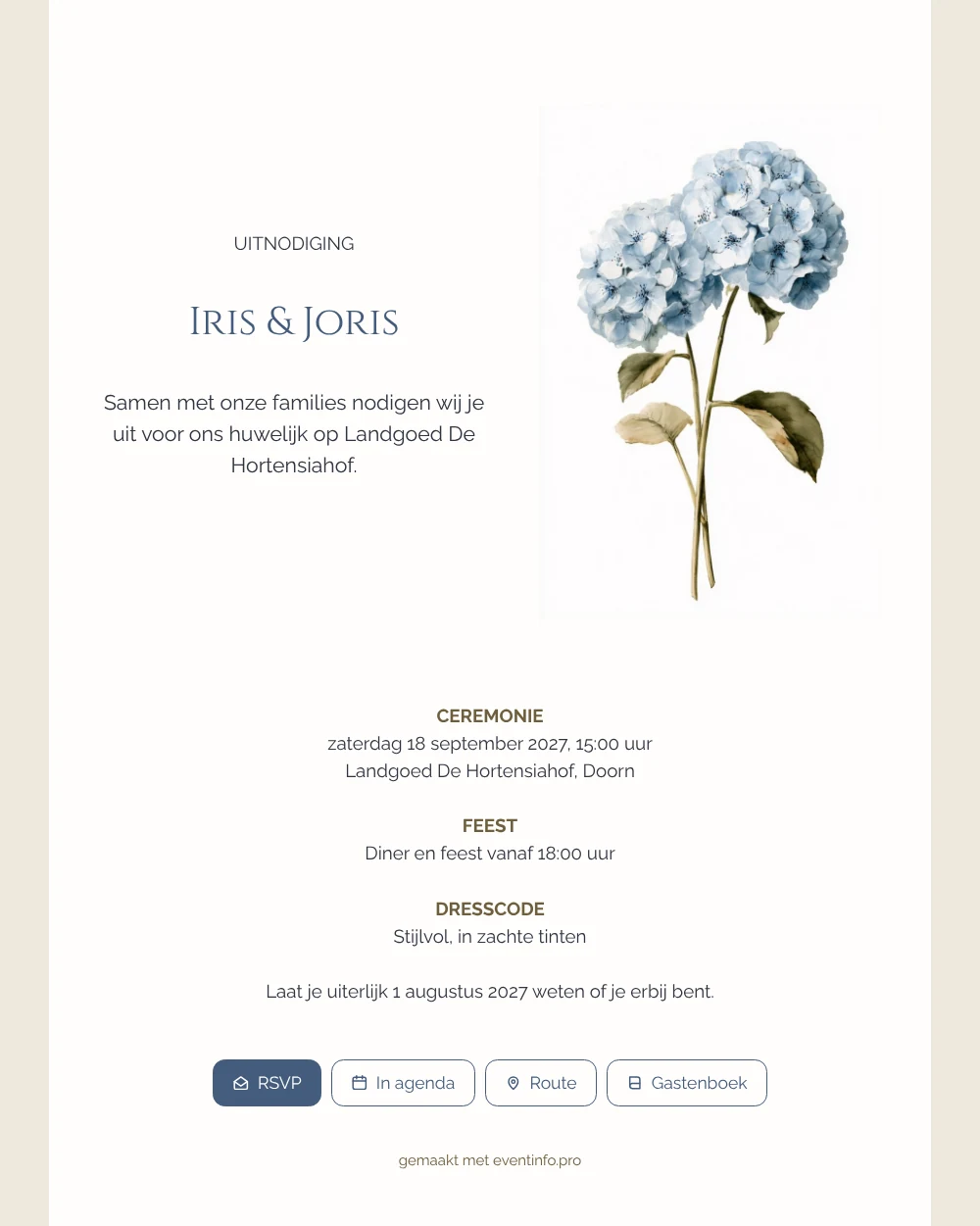 Klassieke hortensia-trouwkaart in blauw en beige maken &ndash; voorbeeld 1