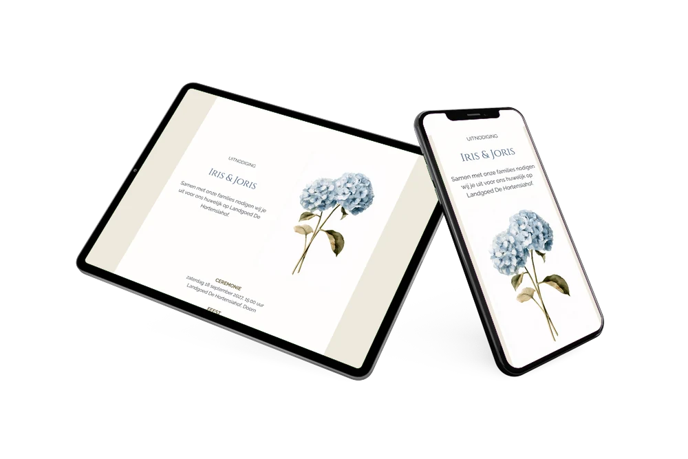 Klassieke hortensia-trouwkaart in blauw en beige maken &ndash; voorbeeld 2