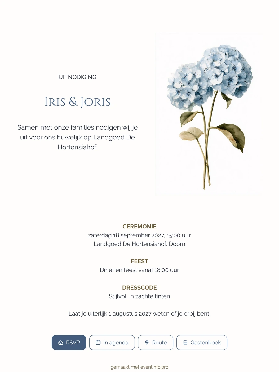 Klassieke trouwkaart met hortensia en beige blad