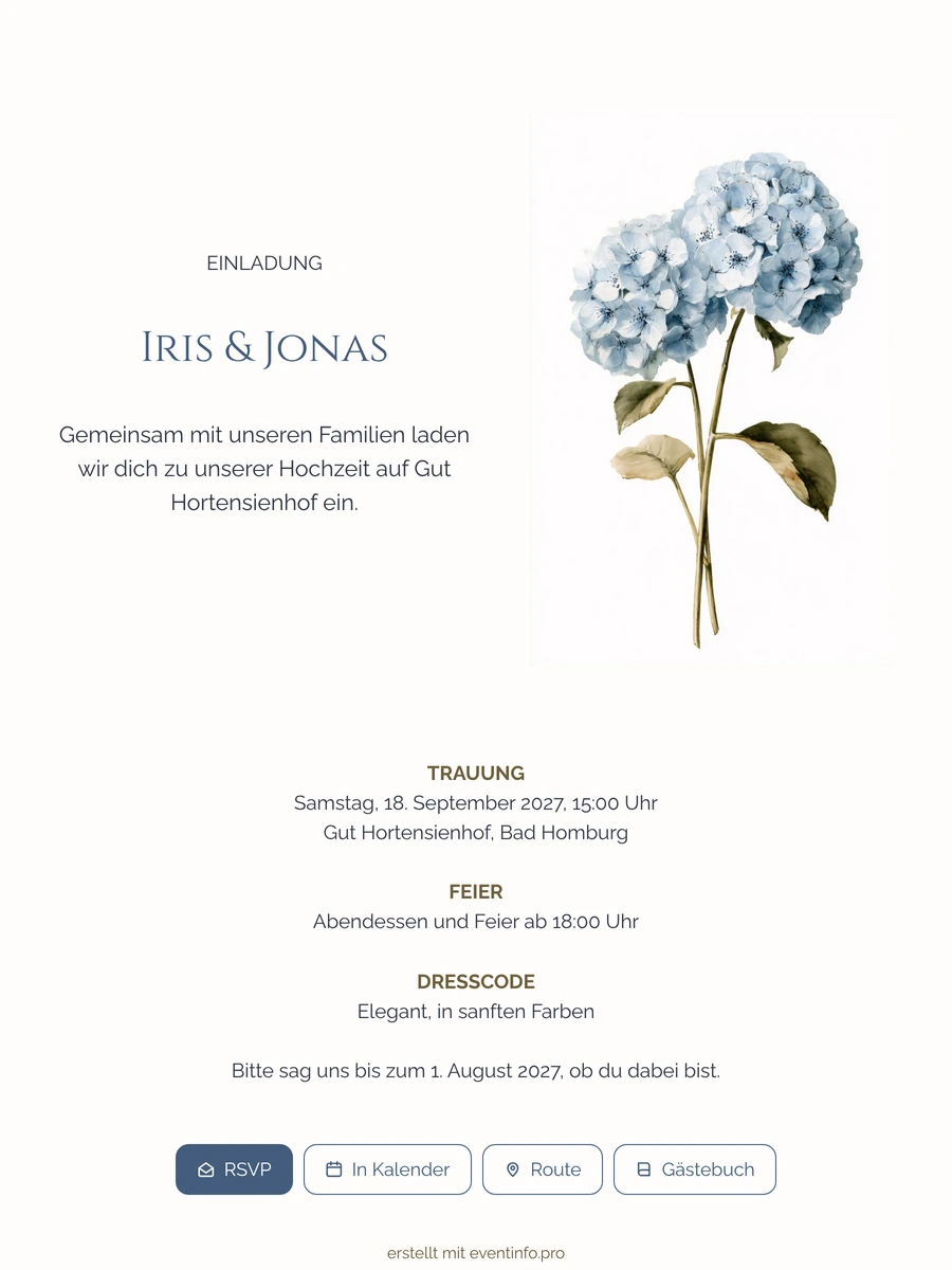 Klassische Hortensien-Hochzeitseinladung in Blau gestalten