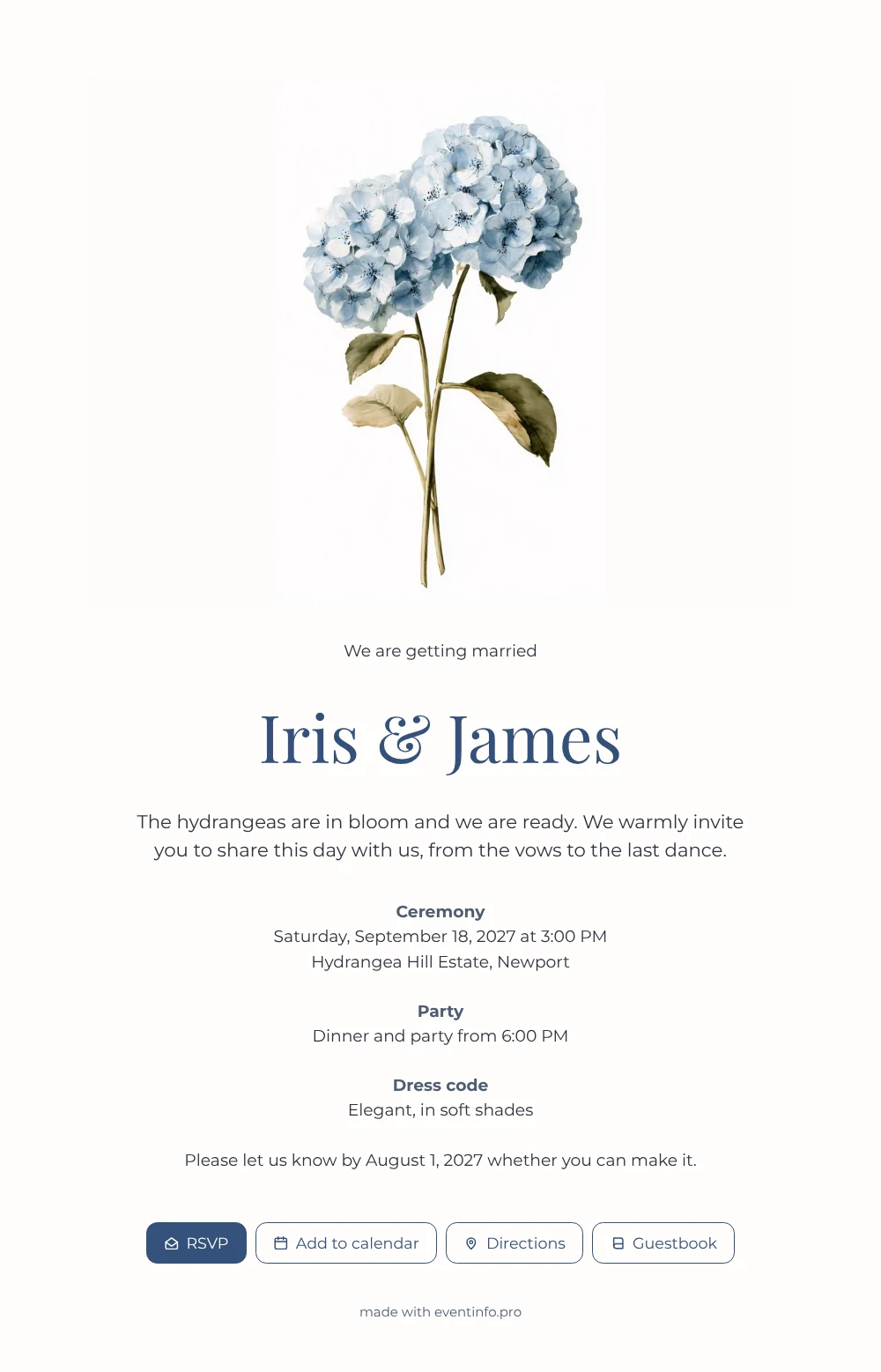 Send a powder blue hydrangea wedding invitation &ndash; example 1