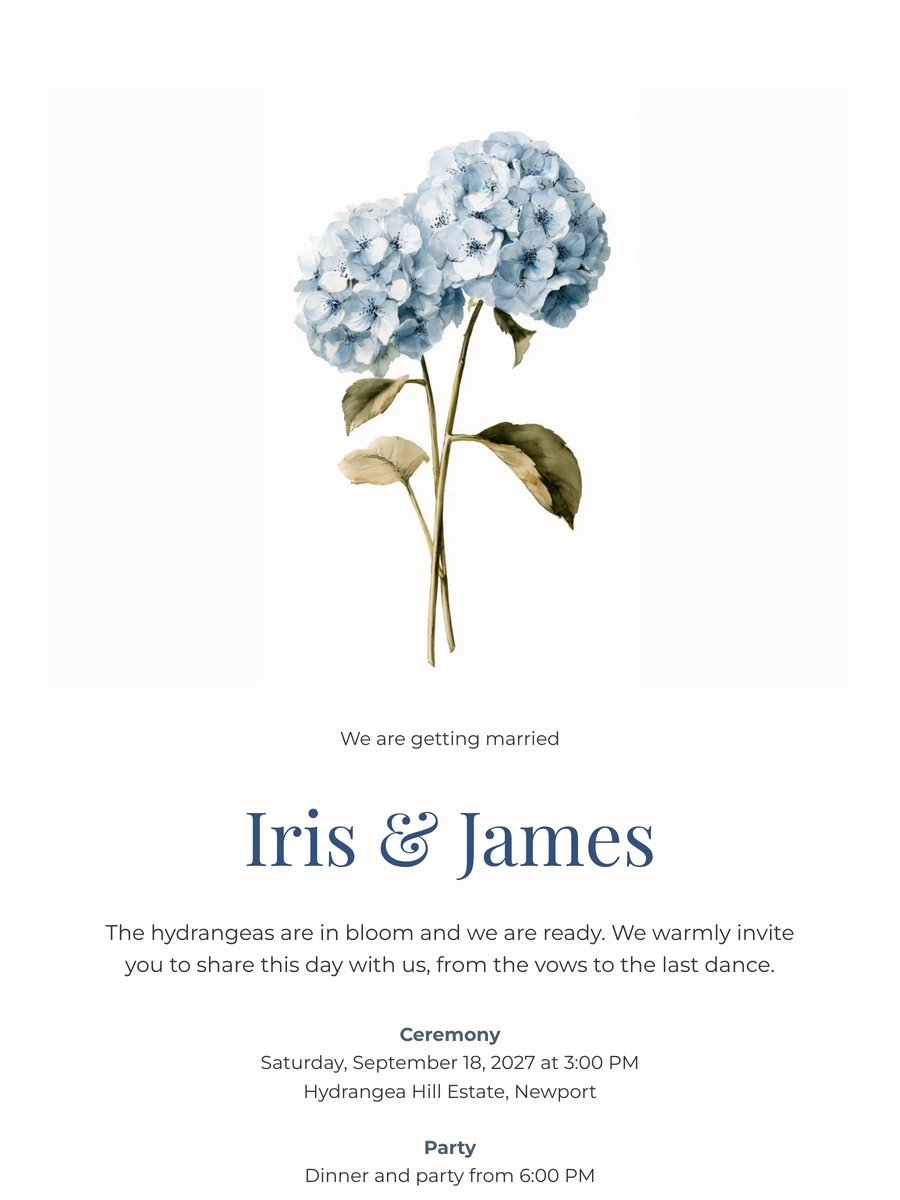 Send a powder blue hydrangea wedding invitation