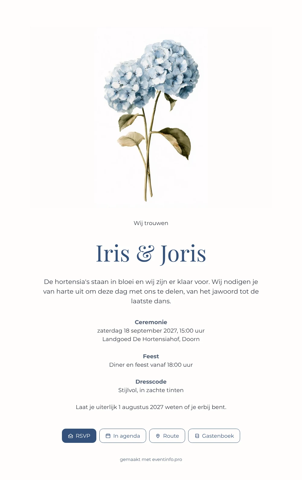 Trouwkaart met poederblauwe hortensia versturen &ndash; voorbeeld 1