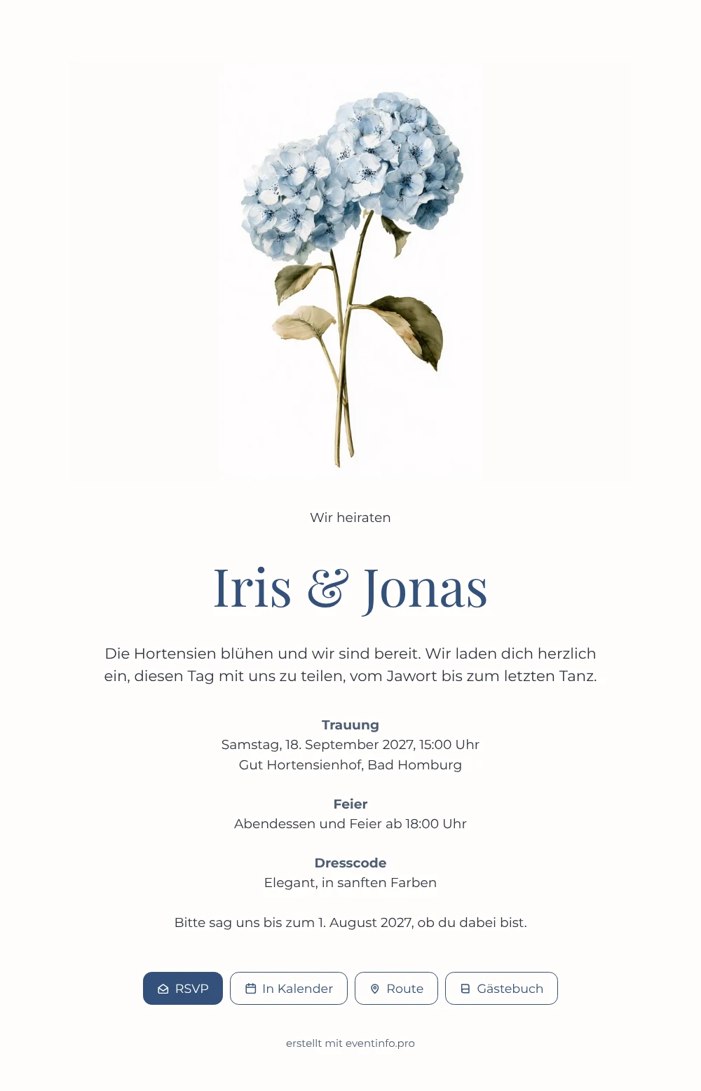 Hochzeitseinladung mit puderblauer Hortensie versenden &ndash; Beispiel 1
