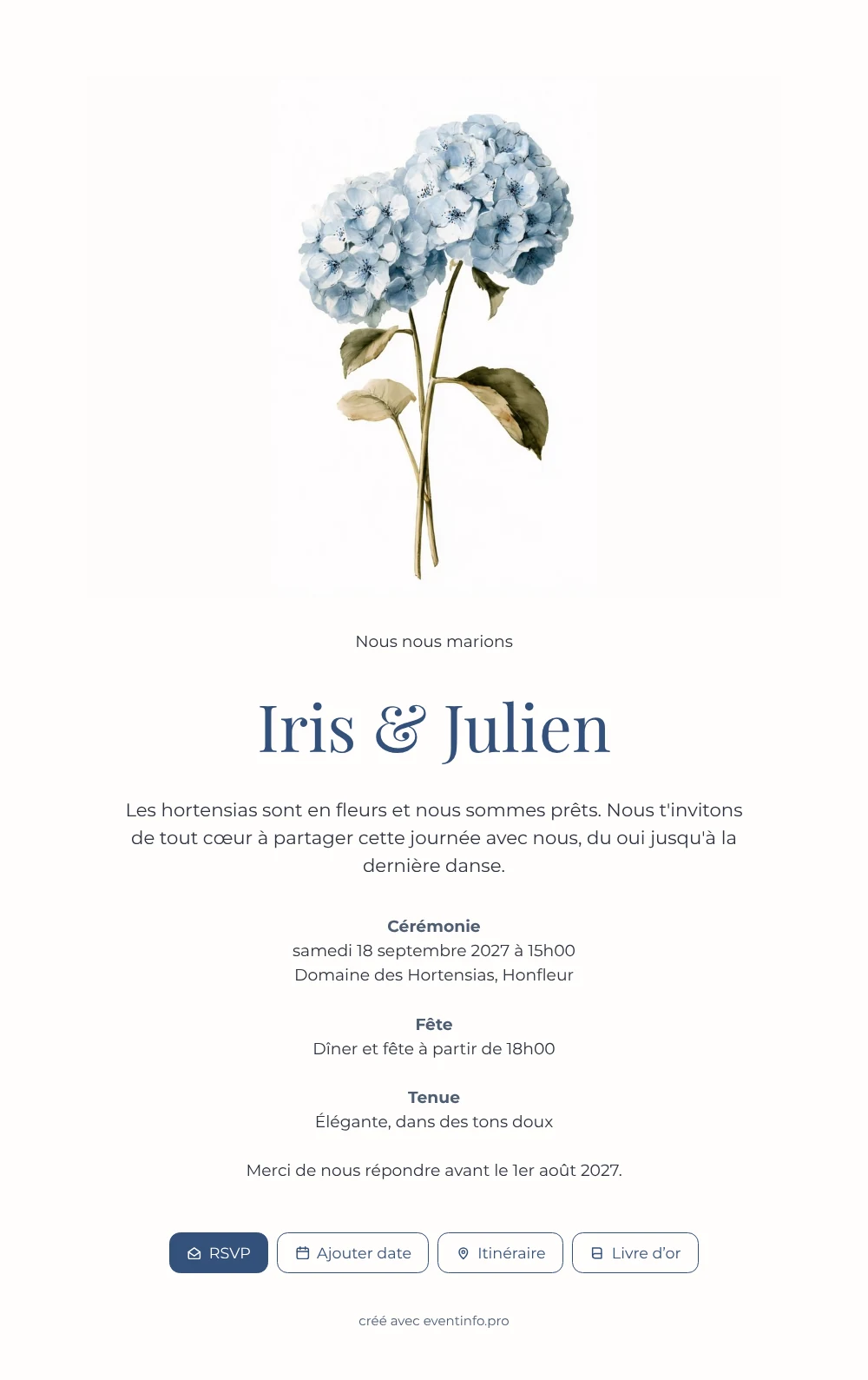 Envoyer un faire-part aux hortensias bleu poudré &ndash; exemple 1