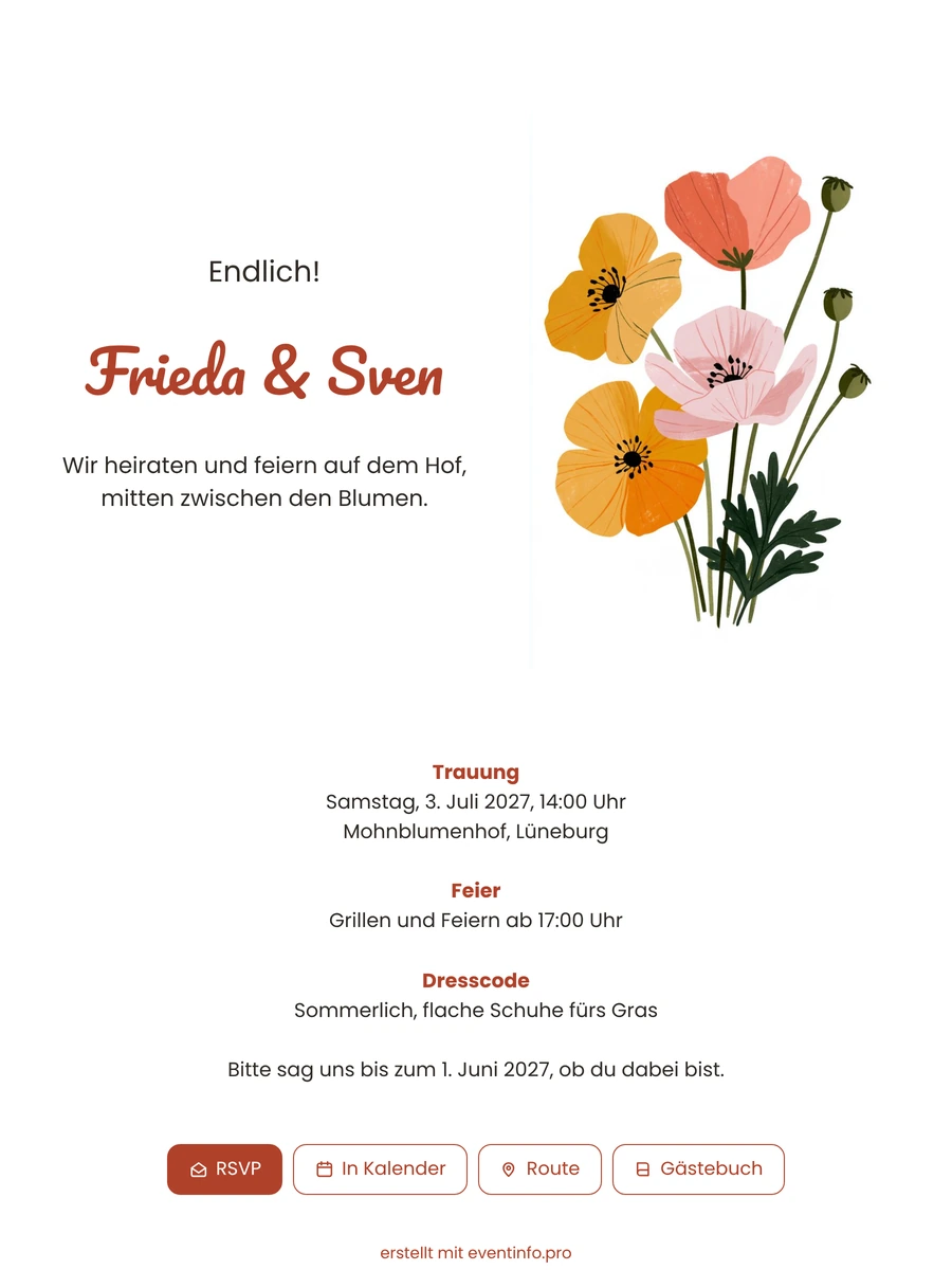 Bunte Hochzeitseinladung mit Mohnblumen erstellen