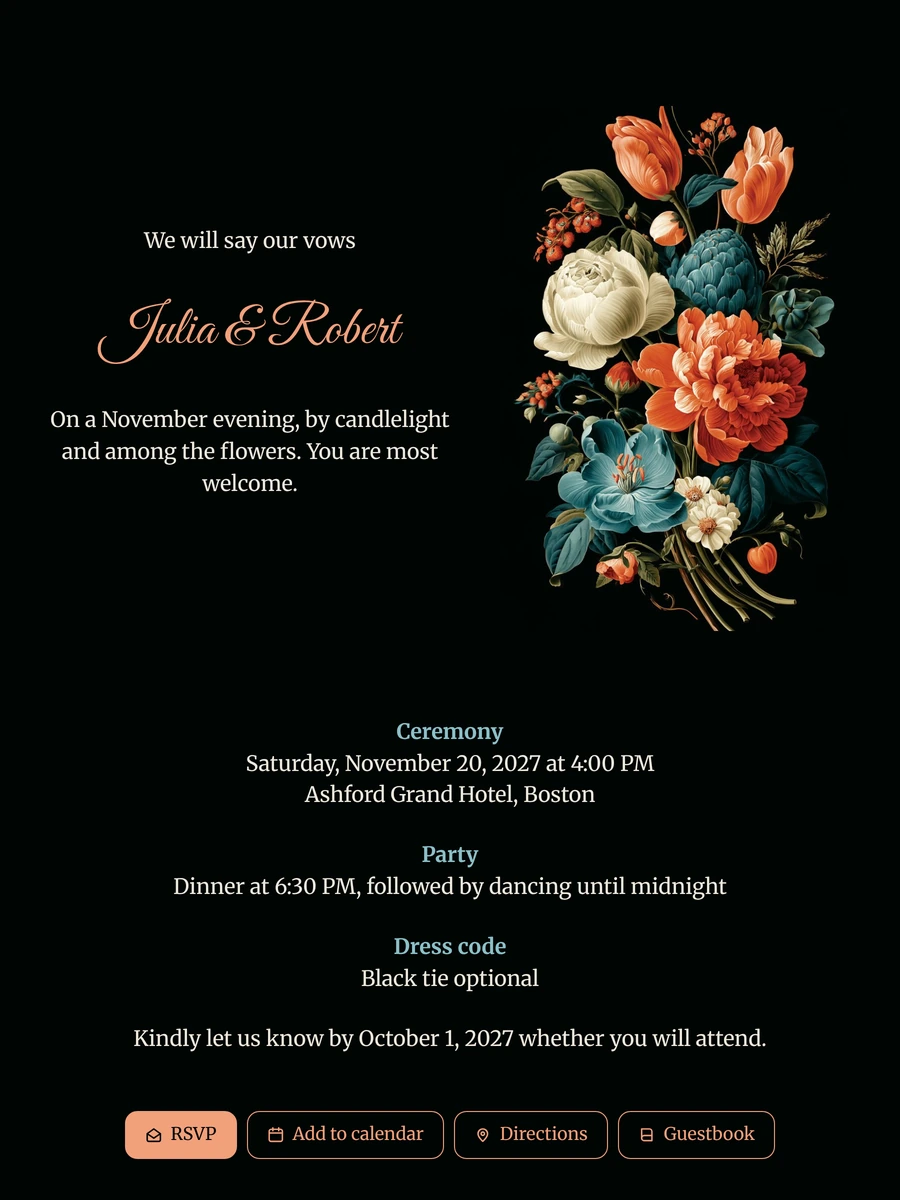 Send an elegant black November wedding invitation
