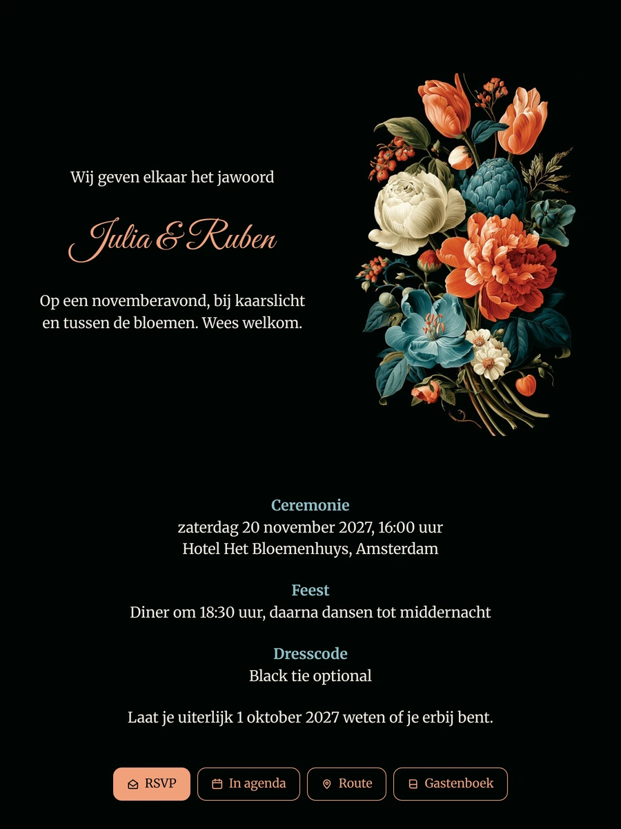 Zwarte trouwkaart met bloemstilleven voor een avondbruiloft