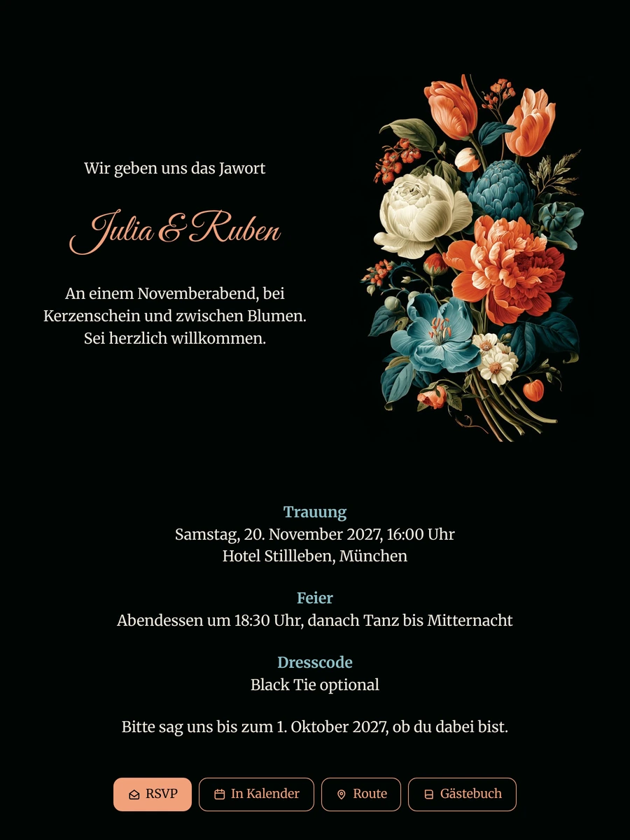 Elegante dunkle Hochzeitseinladung für den Winter gestalten