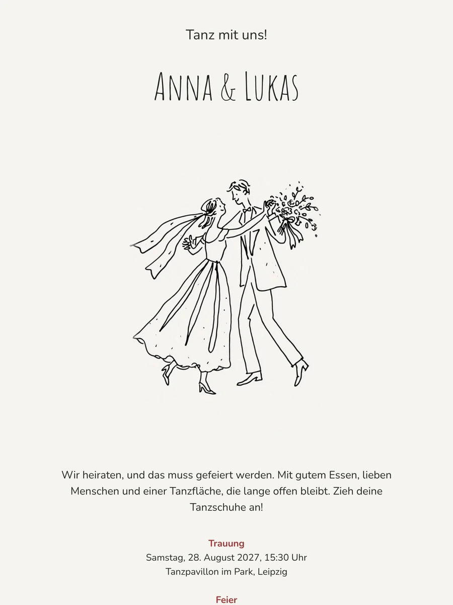 Fröhliche Hochzeitseinladung mit Tanzpaar erstellen