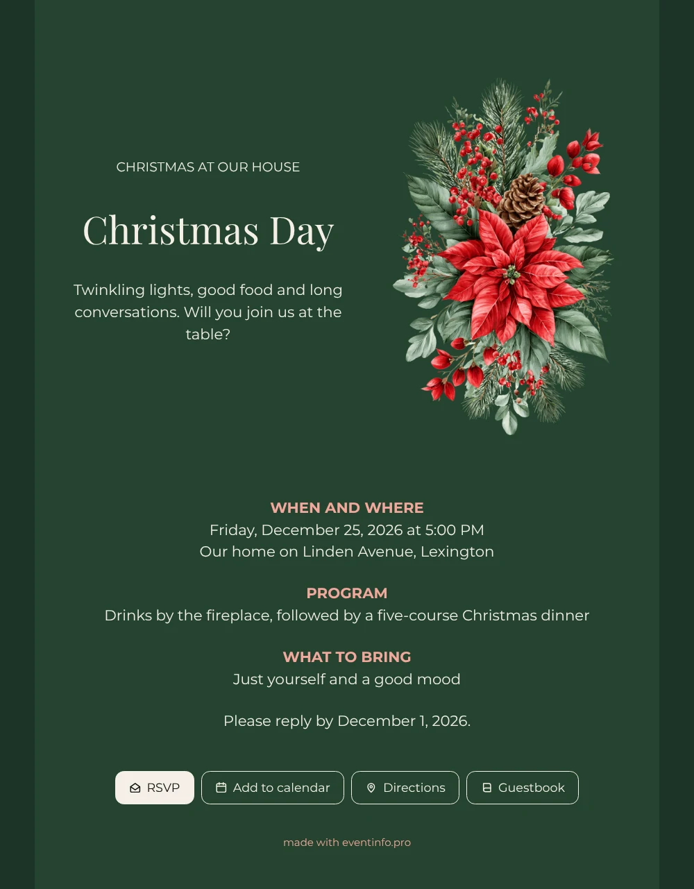 Send a green poinsettia Christmas invitation &ndash; example 1