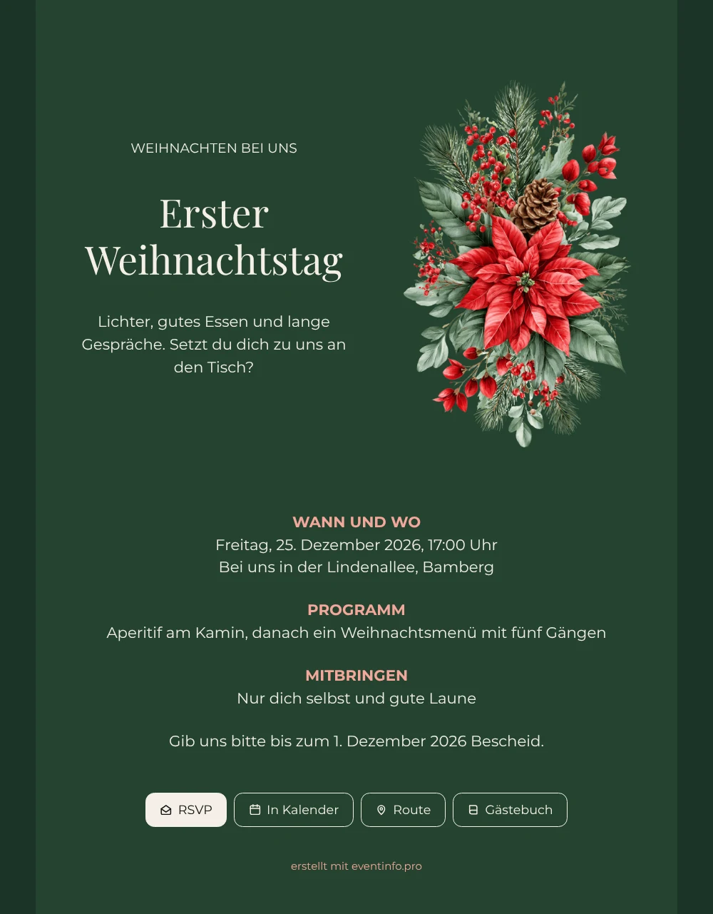Grüne Weihnachtseinladung mit Weihnachtsstern versenden &ndash; Beispiel 1