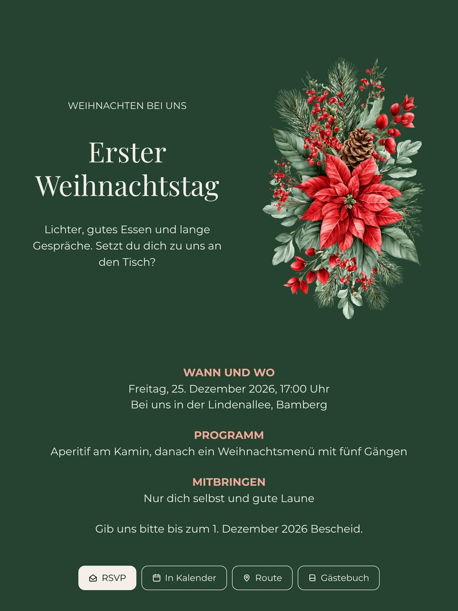 Grüne Weihnachtseinladung mit Weihnachtsstern versenden
